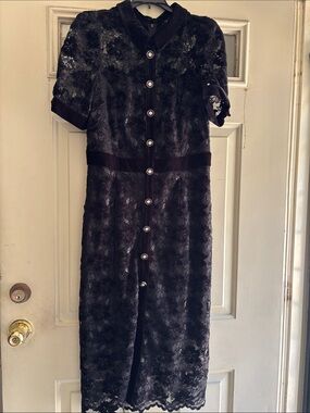 NVLT Black Lace Button-Front Midi Dress with Velvet Trim